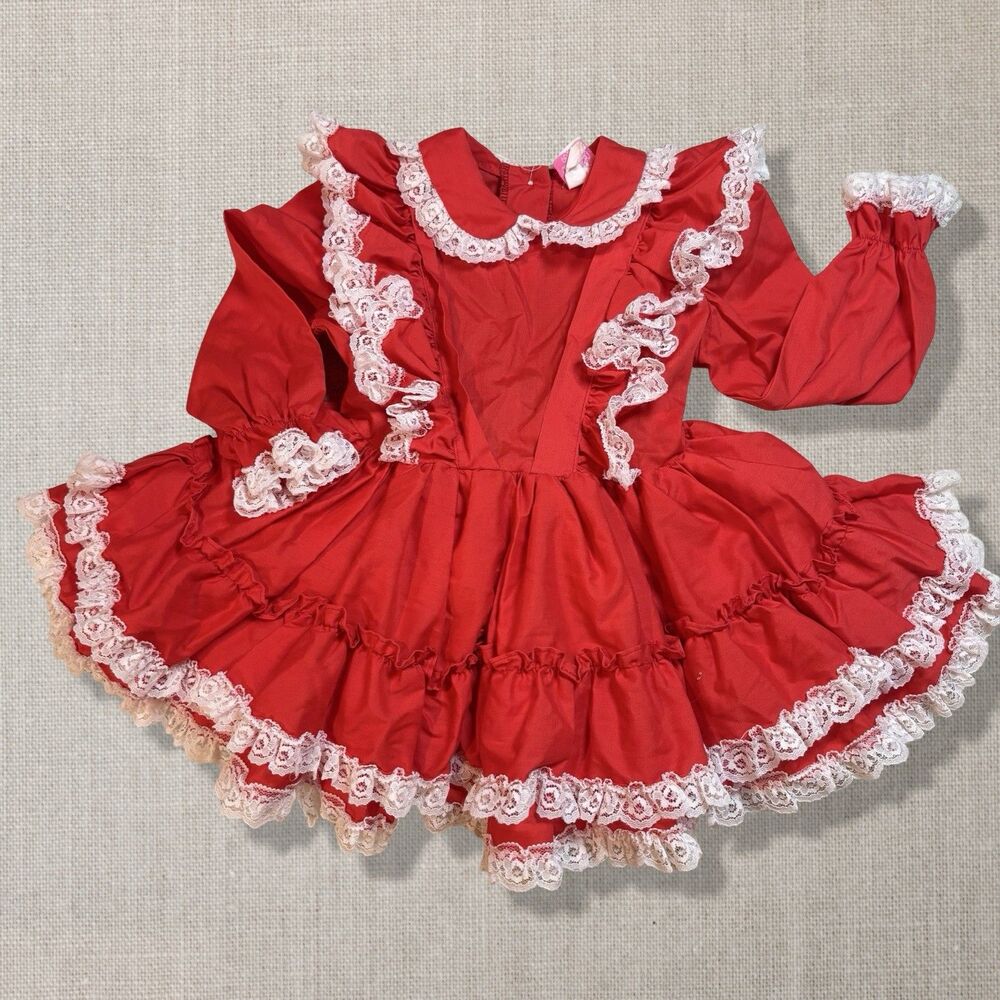 Vintage 70s 80s Miss Quality Full Circle Lace Pageant Christmas Dress Size 4